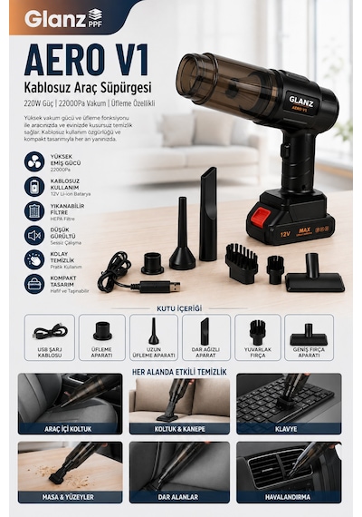 Glanz Aero V1 Kablosuz Araç Süpürgesi 220w 22000pa Güçlü Vakum Ve Üfleme Özellikli Şarjlı Oto Süpürge 0 - 250 Watt