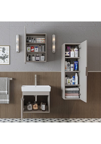 Likya Mdflam Kapaklı Lavabolu 60 Cm Banyo Alt Dolabı + Banyo Üst Dolabı + Banyo Boy Dolabı Kumtaşı Likya Mdflam Kapaklı Lavabolu 60 Cm Banyo Alt Dolabı + Banyo Üst Dolabı + Banyo Boy Dolabı Kumtaşı