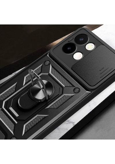 Vivo Y28 Kılıf Magnetik Standlı Kamera Korumalı Zore Sürgülü Vega Kapak Siyah