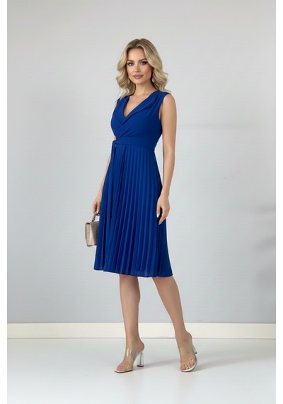 Defymoda Kadın Plise Detaylı Kuşaklı Modern Elbise Mavi