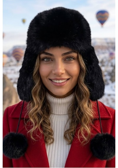 Uniquetrenders Kadın Ponponlu Kulaklıklı Peluş Kışlık Pilot Bere Siyah