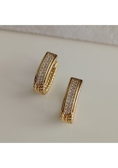 Lente Aksesuar Xuping Gold Dikdörtgen Burgu Detaylı Zirkon Taşlı Küpe Altın