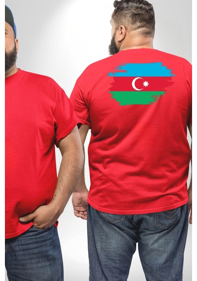 Angemiel Azerbeycan Bayrağı Büyük Beden Kırmızı Tişört Kadın Erkek Ünisex Sırt Baskılı Kırmızı