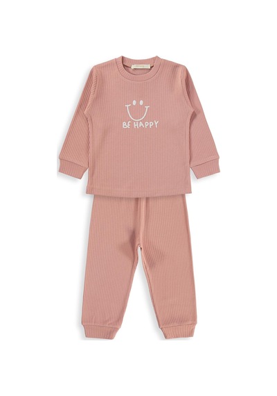 Minidamla Gülen Yüz Baskılı 1-7 Yaş Pijama Takımı - Pembe Gül Kurusu