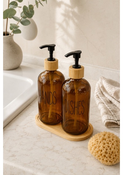 Relly Bambu Standlı İkili Cam Sabunluk Seti 2 X 500 Ml Hands & Dıshes Amber