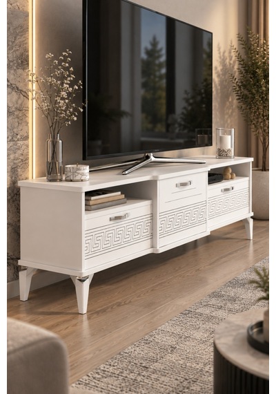 Sulorahome Gümüş Detaylı Beyaz Tv Sehpası 160 Cm Beyaz - Gümüş