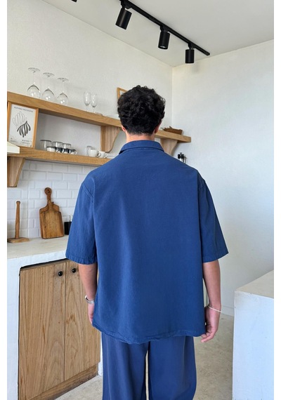 Flaw Basic Oversize Kısa Kol Keten Gömlek Lacivert-26085 Lacivert