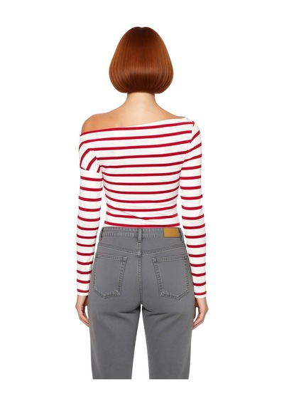 Ersefa Moda Kayık Yaka Örme Slim Çizgili Desen Casual Günlük Regular Uzu Kırmızı