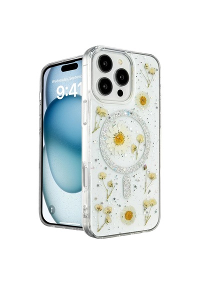 Newface Apple İphone 16 Pro Kılıf Daisy Simli Magsafe Kapak - Gümüş Beyaz