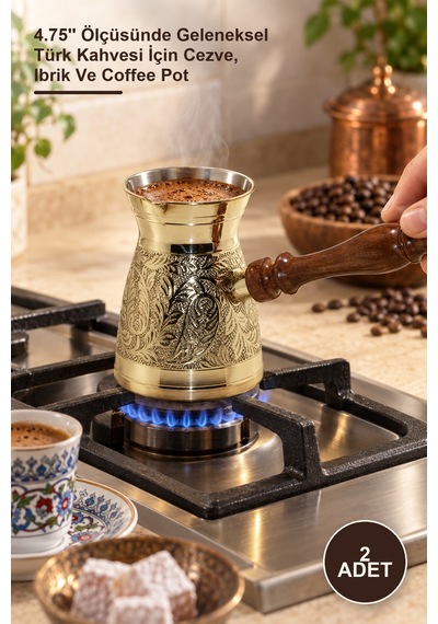 2 Adet Pirinç Cezve 4.75'' Ölçüsünde Geleneksel Türk Kahvesi İçin Cezve, Ibrik Ve Coffee Pot