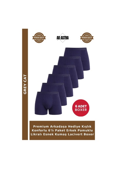 Grey Cat Premium Arkadaşa Hediye Kışlık Konforlu 6'lı Paket Erkek Pamuklu Likralı Esnek Kumaş Lacivert Boxer