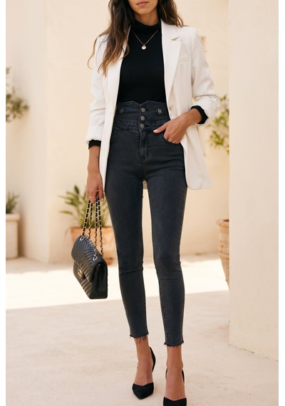 Soulshae Siyah Yüksek Bel Düğmeli Denim Pantolon