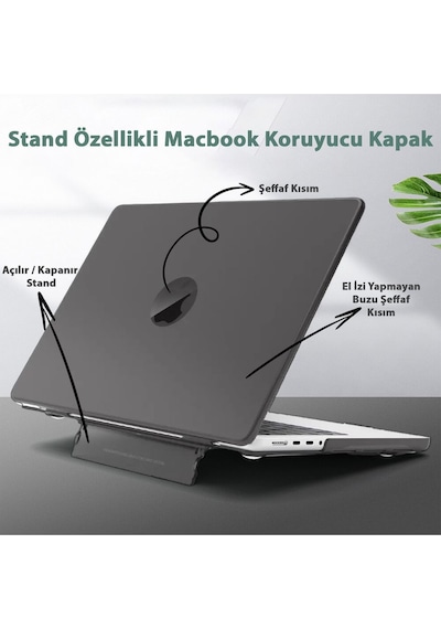 Apple Uyumlu MacBook Air 13.6" M2-m3 Çip 2022/2024 A2681 A3113 Standlı Şeffaf İz Bırakmayan Koruyucu Kapak Siyah