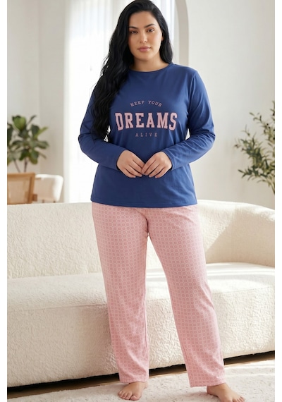 Siyah İnci Pamuklu Likralı Büyük Beden Battal Boy Örme Pijama Takım26240924 İndigo