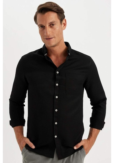 DeFacto Slim Fit Dar Kesim Düğmeli Dokulu Düz Pamuk Karışımlı Uzun Kollu Siyah Gömlek T2066AZ24AUBK81