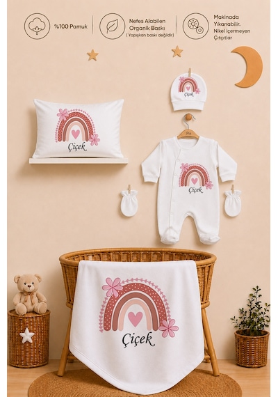 Pia Baby Kız Bebek Hastane Çıkışı 5 Parça Tulum Seti %100 Pamuk İsme Özel Organik Baskılı 1003tybyx Ekru