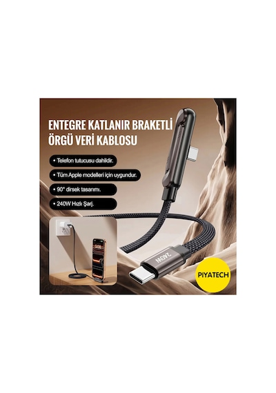 Piyatec 240w Hızlı Şarj Kablosu Entegre Katlanabilir Telefon Standlı 90 Derece Dirsek Tasarımlı Örgü Data Kablosu 1