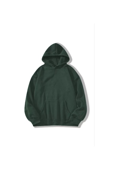 Kadın Kapüşonlu Kanguru Cepli 3 İplik Pamuklu Düz Hoodie Sweatshirt - Haki