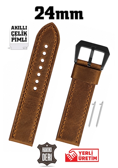 24mm Kahverengi Spor Crazy Nubuk Hakiki Deri Saat Kordonu Kayış Akıllı Pimli Siyah