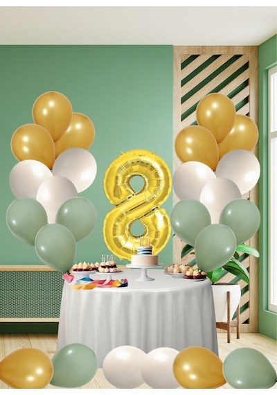 8 Yaş Küf Yeşili Temalı Doğom Günü Seti Metalik Gold Kum Beji Küf Yeşili Balonlar Gold Folyo Rakam Çok Renkli