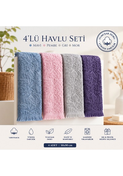 Pamuklu Mutfak Havlusu 4'lü Set 30x50 Cm El Ve Kurulama Havlusu Yumuşak Emici Çok Amaçlı Mavi