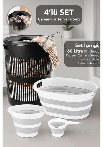 4'lü Set - 60 Lt Solara Kirli Sepeti Siyah, Katlanabilir Silikon Çamaşır Sepeti, Su Kovası, Maşrapa Siyah