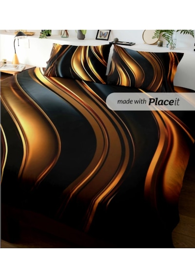 Özel Tasarım Marka 240x260 Cm 5d Çift Kişilik Nevresim Takımı Pamuk Saten Neon Siyah Gold Lüx Desen Siyah