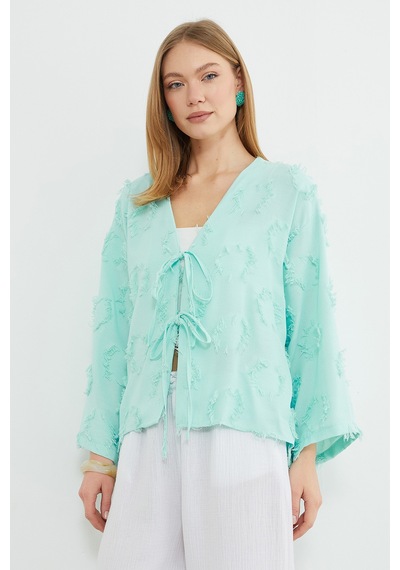 Fullamoda Püsküllü Önü Bağlamalı Salaş Kimono Mint Yeşili
