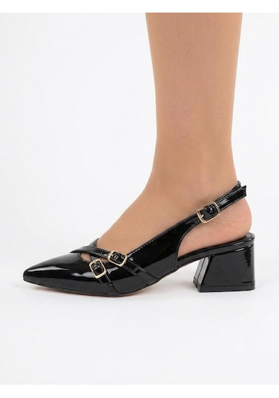 Asmi Shoes Kadın Jela Siyah Rugan 4 Cm Kısa Topuklu Tokalı Ayakkabı
