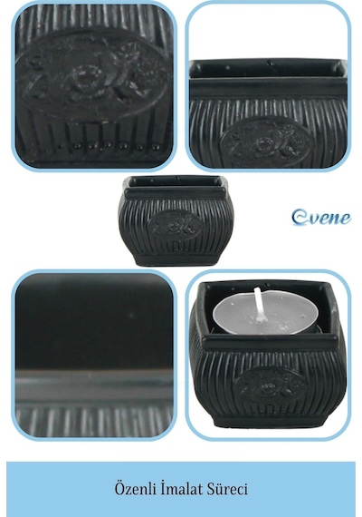 Eskitme Mumluk Şamdan Tealight Mum Uyumlu Mini Çizgili Çiçekli Model - Siyah
