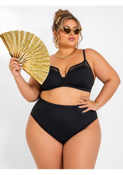 Büyük Beden V Yaka Tül Detaylı Ayarlanabilir Askılı Kadın Bikini Takım Siyah