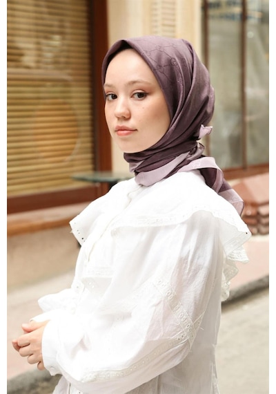 Premium Lux Original Monogram Şal İpek Vual, Yüksek Kalite, Hafif, Rahat, Şık, Tesettür, Shawl Mor - Çift Şeritli