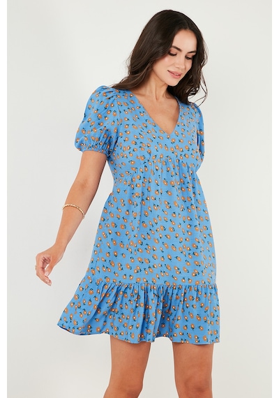 Lela Regular Fit V Yaka Balon Kol Desenli Mini Bayan Elbise 67810045 Mavi
