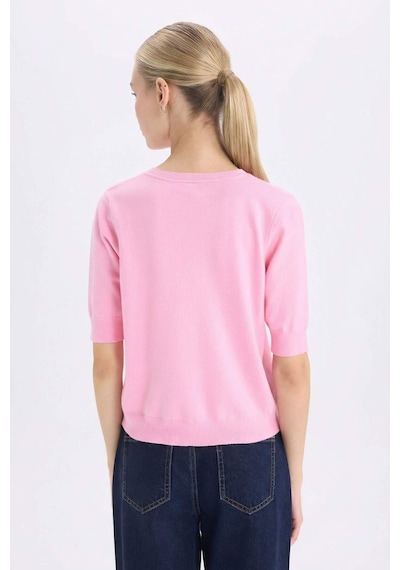 DeFacto Regular Fit Bisiklet Yaka Basic Düz Kısa Kollu Triko Kazak D6272AX25SMPN82 Pembe