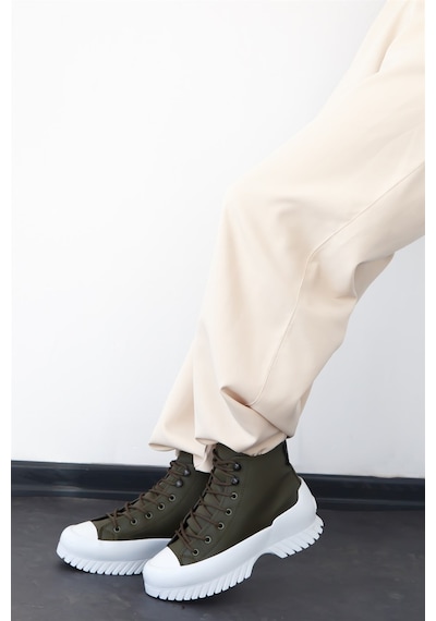 Shoetek Marlowe Kadın Bot Sneakers Bağçıklı Yeşil Cilt Yeşil