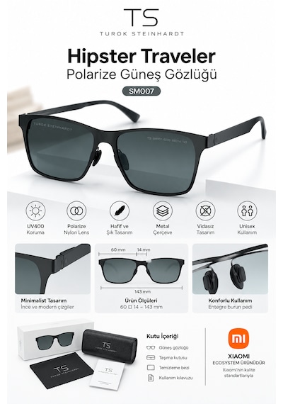 Xiaomi Ts Hipster Traveler Polarize Güneş Gözlüğü Nylon Polarize Lens Metal Çerçeve Hafif Kaliteli Siyah Unisex Sm007-0220