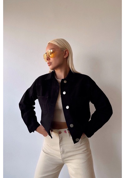 Siyah Çift Cepli Crop Yıkamalı Denim Ceket Bcdf-235401 Çok Renkli