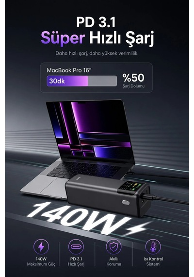 Exenar - Siyah - 24000mah 200w Powerbank 140w Usb-c Çıkış Dijital Ekran 3 Port Laptop Telefon Taşınabilir Şarj Cihazı