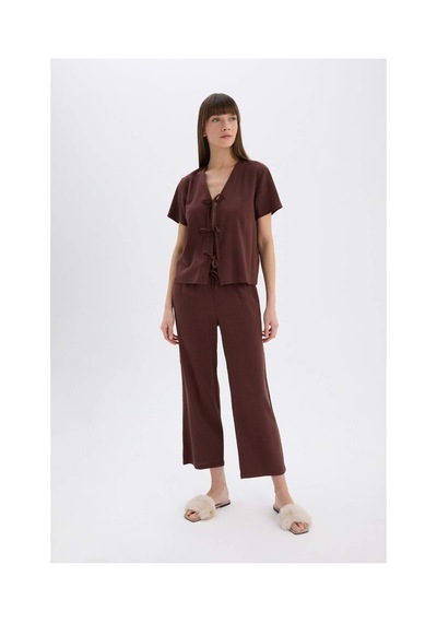 DeFacto Pijama Takımı Keten Kısa Kollu Üst Esnek Belli Alt-Fall in Love E3571AX25SPBN166