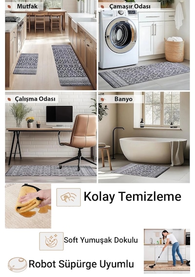 Valerine Life Mutfak Yolluğu Halısı Home Tezgah Önü Paspası İkili Kilim Takımı Döküntülere Estetik Ç Siyah