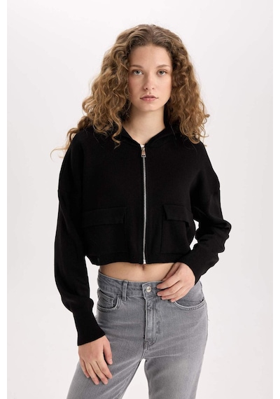 DeFacto Regular Fit Kapüşonlu Basic Düz Fermuarlı Triko Hırka E2270AXNSBK81 Siyah