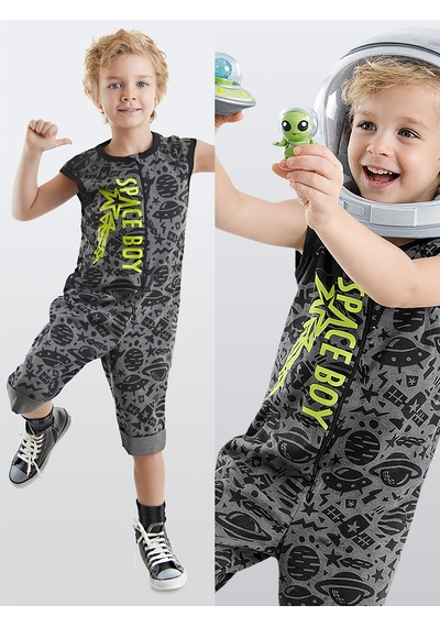 Denokids Uzay Roket Erkek Çocuk Gri Tulum Çok Renkli