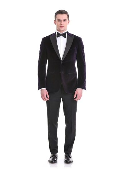 Hatemoğlu Mor Slim Fit Düz Sivri Yaka Kadife Klasik Smokin Damatlık 331221 Mor