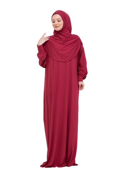 Modish Group Tek Parça Namaz Elbisesi Seti, Viskon Yumuşak Tesettür Abaya, Rahat Hazır Şal Başörtüsü Takım Kırmızı
