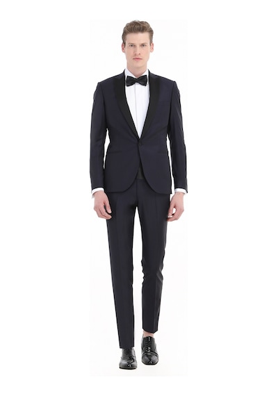 Ramsey Lacivert Düz Fashion Slim Fit Kruvaze Yaka Dokuma Smokin Takım Elbise