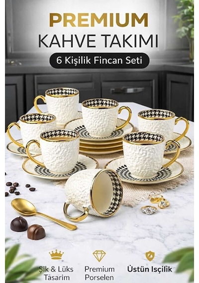 100cc 6lı Fincan Kabartma Gold Altın - Beyaz