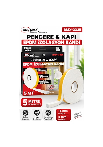 Pencere Kapı İzolasyon Bandı 5 Metre 15x5 Mm Beyaz Hava Sızdırmazlık Bandı Bul-max Epdm