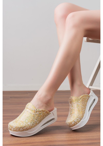 Altın Parlak Kadın Air Max Tam Ortopedik Ve Anatomik Sabo Terlik Altın