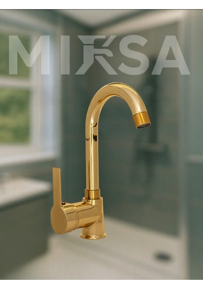 Lüx Full Gold Armut Baston Borulu Banyo Lavabo Bataryası Çeşmesi Musluğu Çift Su Girişli Altın