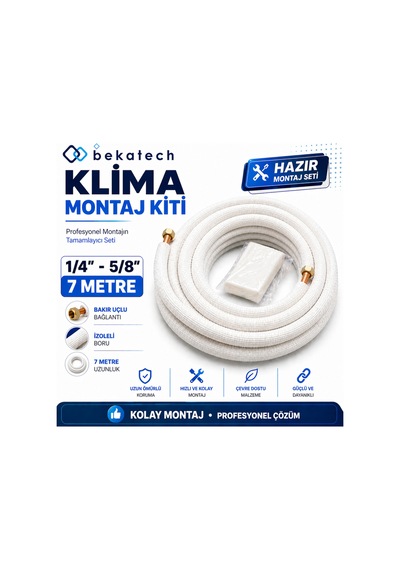Universal 1/4-5/8 7 Metre Klima Montaj Kiti Seti Bakır Uçlu Beyaz